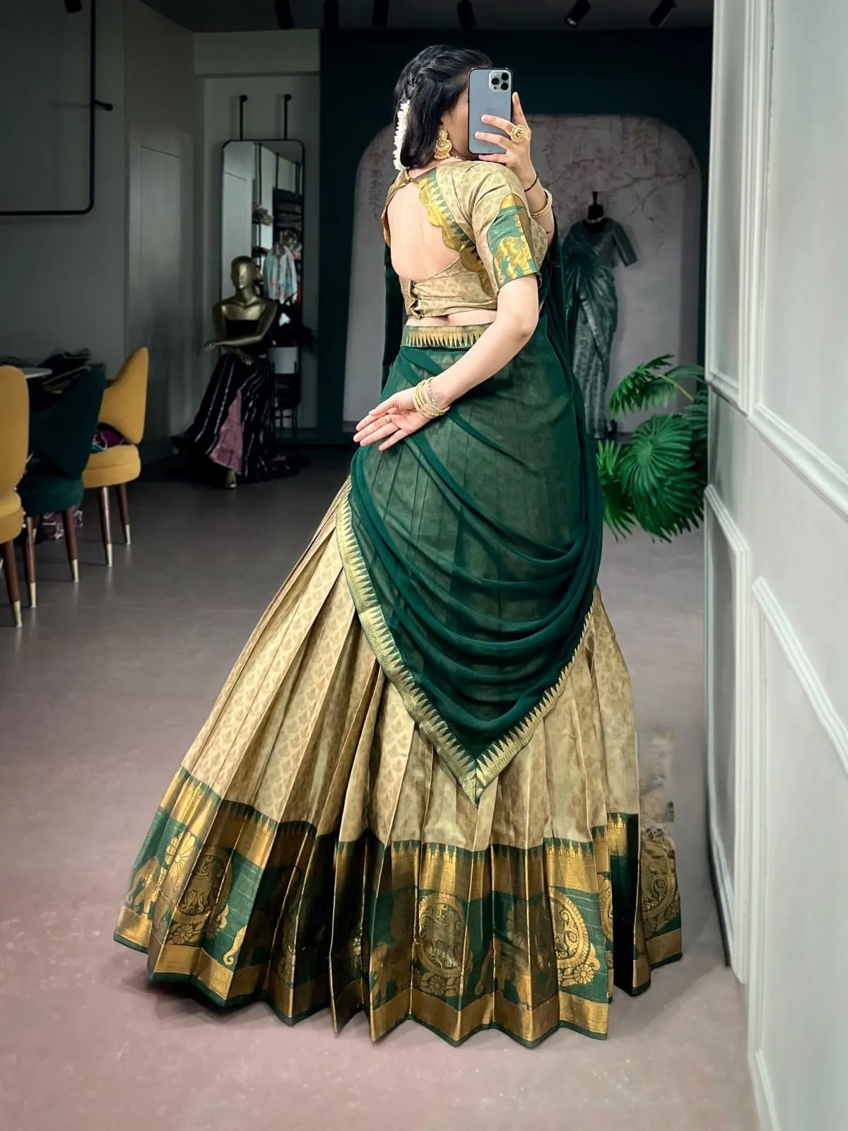 Green Poly Cotton Lehenga adorned with elegant Zari Weaving Work